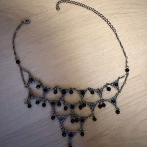 Boho Tribal Statement Necklace • Silver Tone • Black Beads • Festival / Gothic